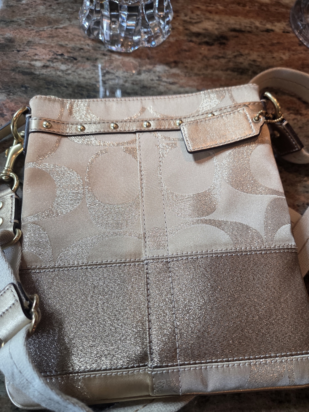 Coach Metallic Beige And Gold Signature Crossbody with Floral Wristlet - Picture 3 of 9